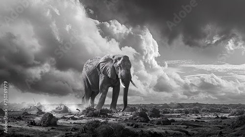 Solitary Elephant in Dramatic Black and White Landscape