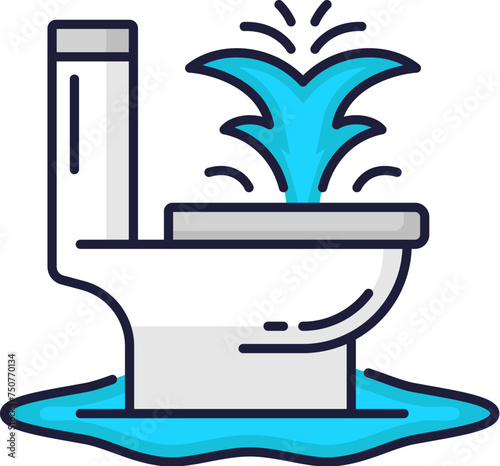 Color plumbing service icon. Clogged toilet, pipe, bathroom problems. Plumbing service, house bathroom or toilet flood problem, sewage maintenance and repair linear vector icon with leaking toilet