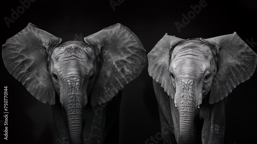 Dramatic Portrait of Two Elephants in Black and White © Pornphan