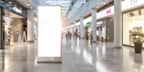 White roll up mockup poster stand in an shopping center, public place