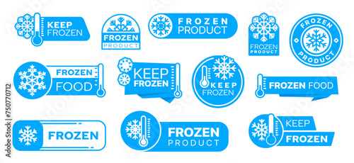 Blue frozen cold product icons, labels and badges. Isolated vector set of stickers Feature snowflakes or frost and thermometer symbols. Elements for for packages or frosty food preservation items photo