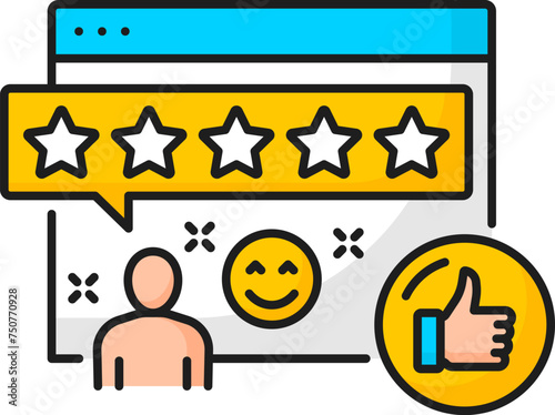 Quality website. Sem. Search engine marketing isolated vector thin line icon showcasing pc screen, thumb up, and customer feedback with five stars. Web content optimization strategy stroke sign