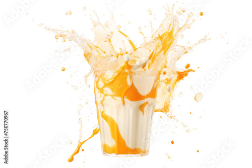 Orange Juice Splashing Into a Glass. Fresh orange juice is splashing into a clear glass, creating a vibrant burst of color and movement. Isolated on a Transparent Background PNG.