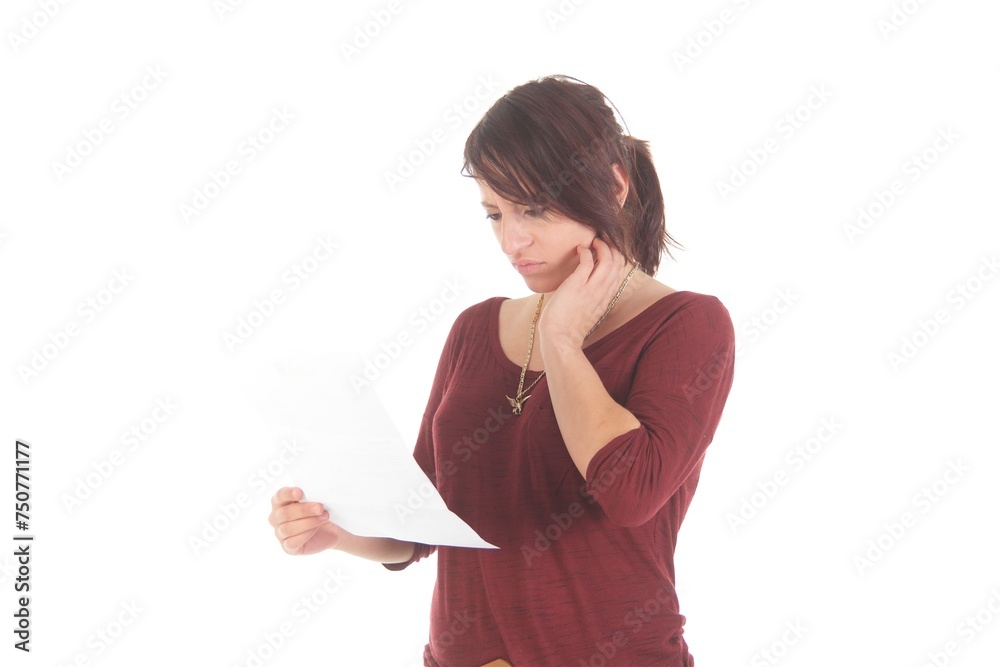 Frau mit Brief, verärgert, lachend, freudig, traurig Frau mit Brief, verärgert, lachend, freudig, traurig