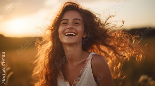 Portrait of a smiling brunette woman in a park during summer, radiating youth and beauty © CStock