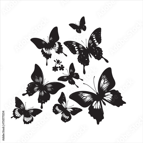 Flying butterflies silhouette black set isolated on white background