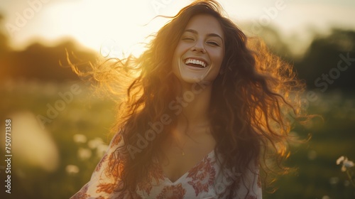 Portrait of a smiling brunette woman in a park during summer, radiating youth and beauty