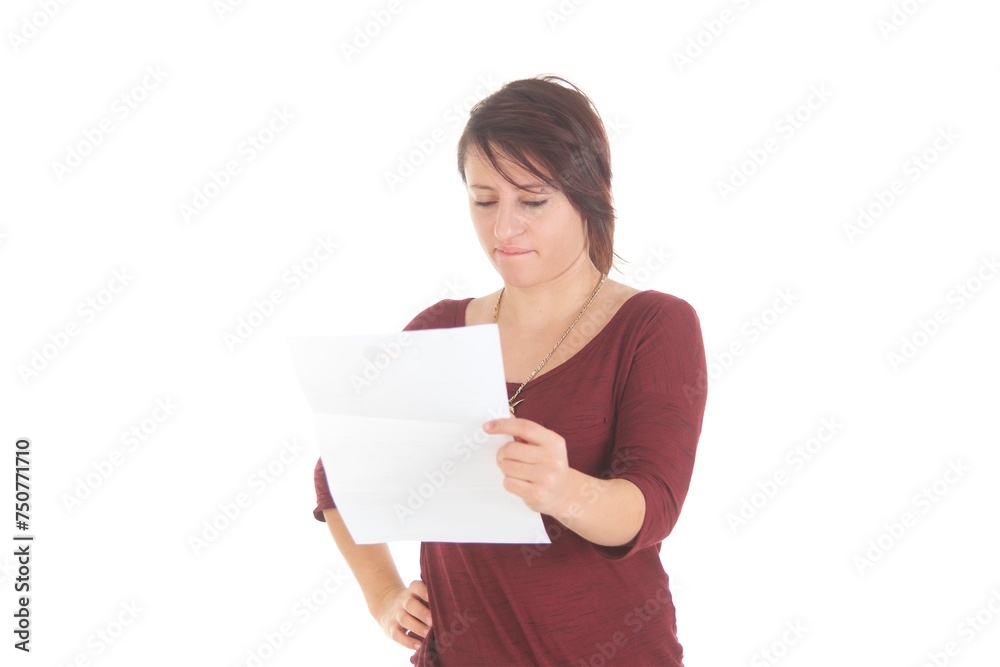Frau mit Brief, verärgert, lachend, freudig, traurig Frau mit Brief, verärgert, lachend, freudig, traurig