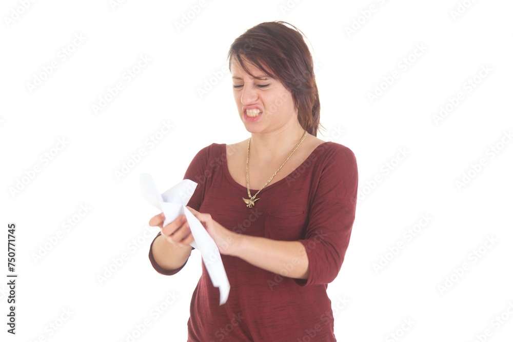 Frau mit Brief, verärgert, lachend, freudig, traurig Frau mit Brief, verärgert, lachend, freudig, traurig