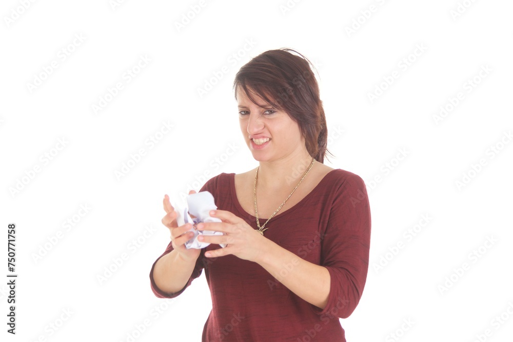 Frau mit Brief, verärgert, lachend, freudig, traurig Frau mit Brief, verärgert, lachend, freudig, traurig