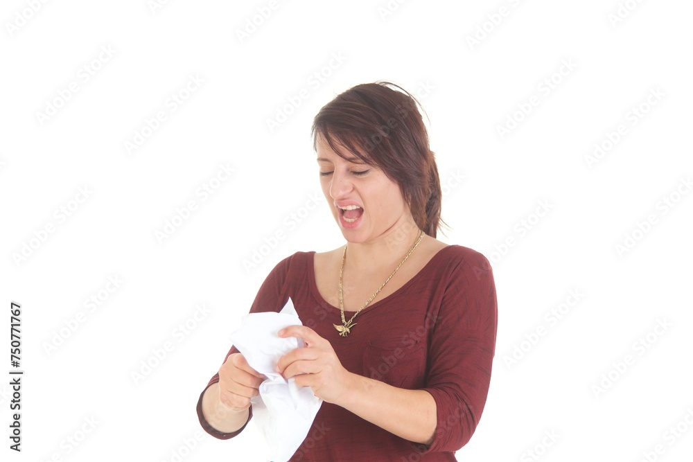 Frau mit Brief, verärgert, lachend, freudig, traurig Frau mit Brief, verärgert, lachend, freudig, traurig