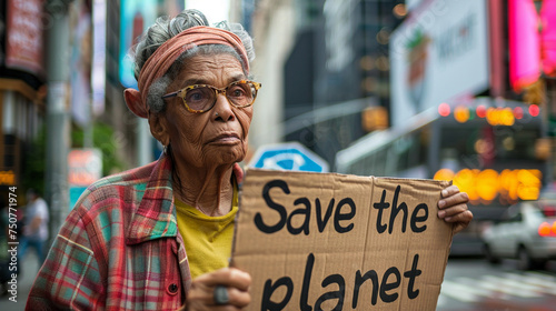 An older woman holding a sign that says "Save the Planet". She is wearing a red bandana and glasses