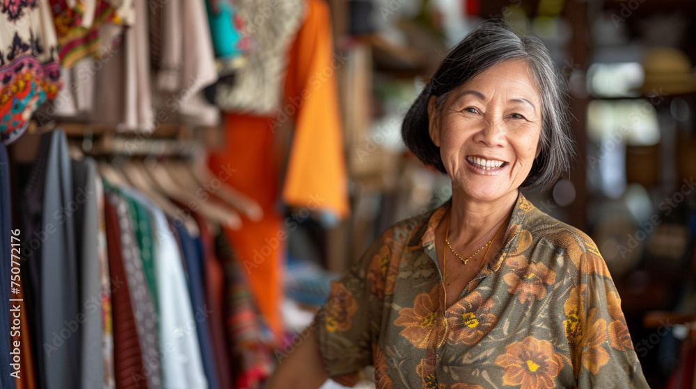 An Asian woman is smiling in front of a rack of clothes. She is wearing a floral shirt and a necklace