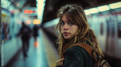 A woman with long hair is standing in a subway station. She is wearing a green jacket and a brown backpack