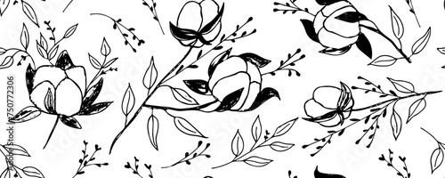  Seamless pattern with cotton flowers and leaves.