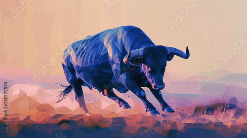 Low Poly Spanish Bull in Blue Gradient