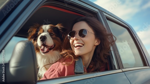 Woman with pets concept young woman with cute dog leans its head out the window of the car  