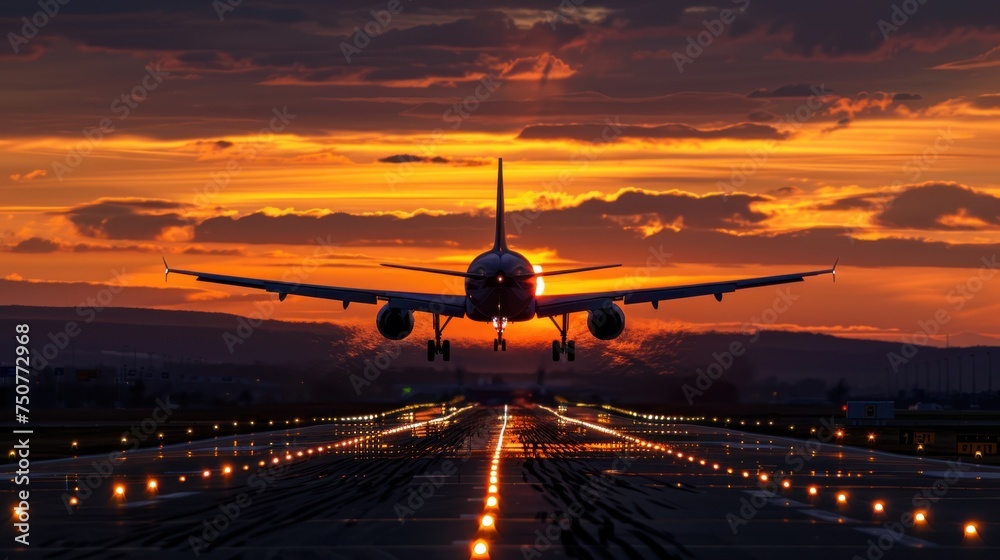 Air transportation concept,Jet airplane silhouette landing  during sunset.  - obrazy, fototapety, plakaty 
