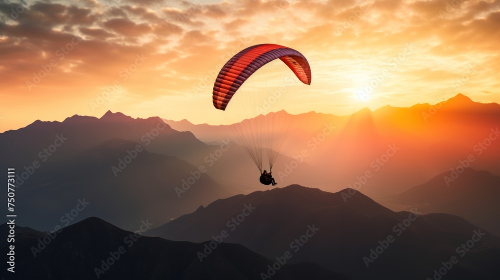 Silhouette of a paraglider soaring gracefully through the vibrant hues of a sunset sky Silhouette of a paraglider soaring gracefully through the vibrant hues of a sunset sky