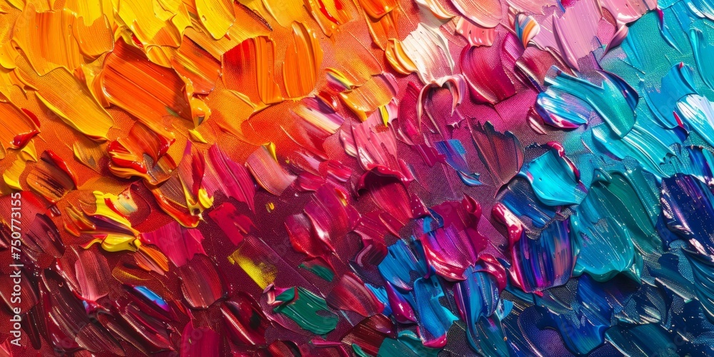 Detailed close-up view of a colorful painting featuring a myriad of hues blending together in an abstract composition.