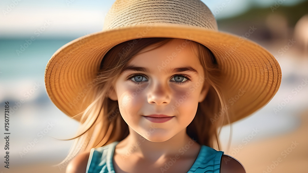 Girl in a straw hat on the beach.
