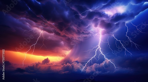 Sky background with seasons concept,Lightning, thunder, warm and cool evening sky,