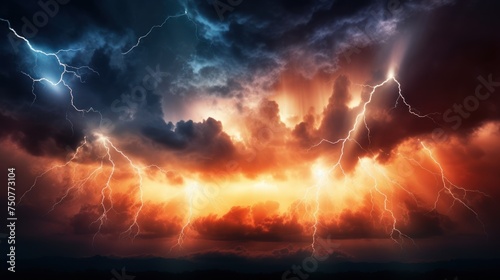 Sky background with seasons concept,Lightning, thunder, warm and cool evening sky, © CStock
