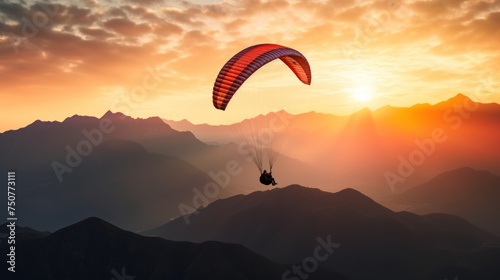 Silhouette of a paraglider soaring gracefully through the vibrant hues of a sunset sky