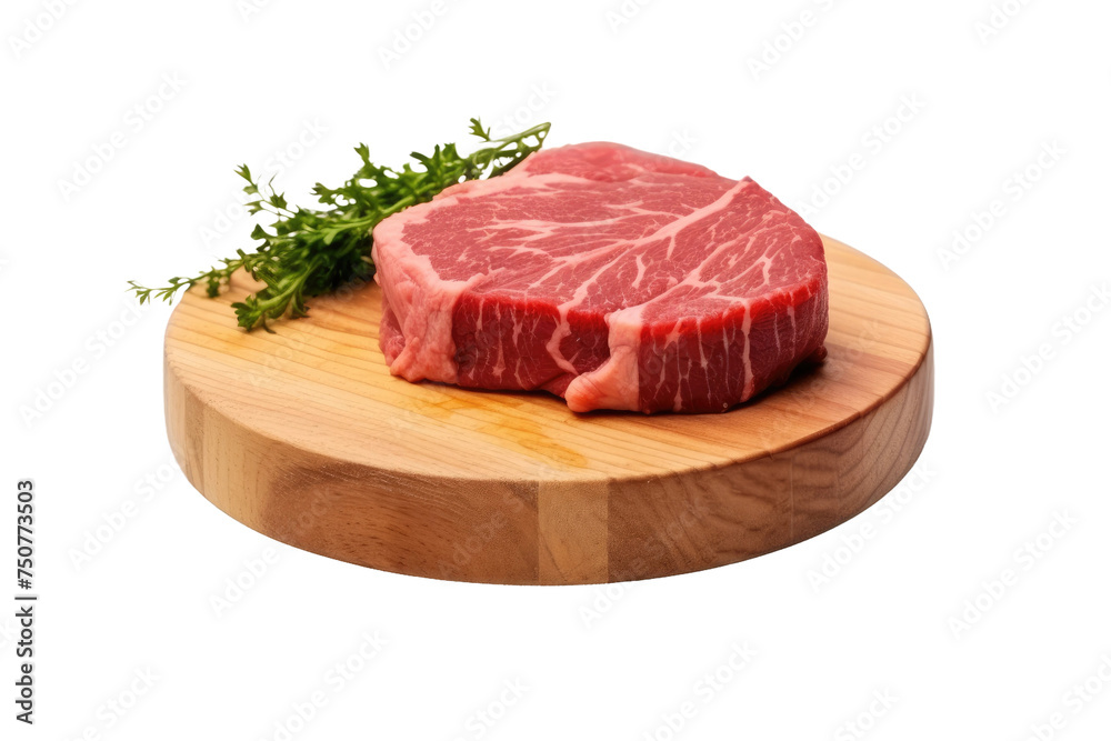 Piece of Steak on Wooden Cutting Board. A piece of steak is displayed on top of a wooden cutting board. The steak appears juicy and well-seasoned, ready to be cooked or grilled.