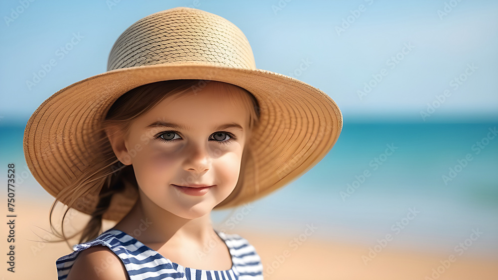 Girl in a straw hat on the beach.