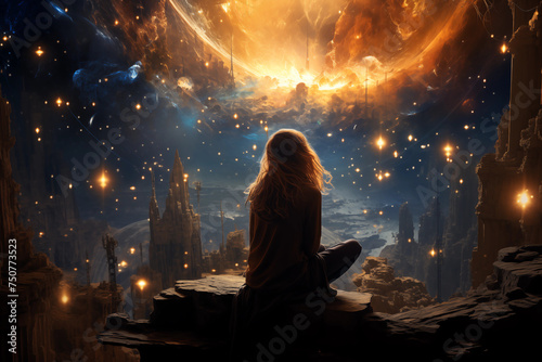 A woman sits out and looks at the ever-expanding universe, stars collide, and the world begins to form photo