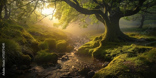 A stream winds its way through a dense, vibrant green forest, surrounded by tall trees, ferns, and moss-covered rocks. photo