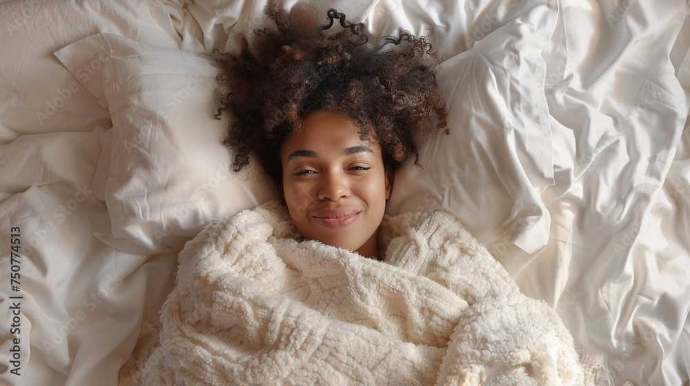 Happy woman sleeping in cozy bed. 