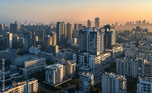 Sunset Over Modern Cityscape with Majestic Skyscrapers