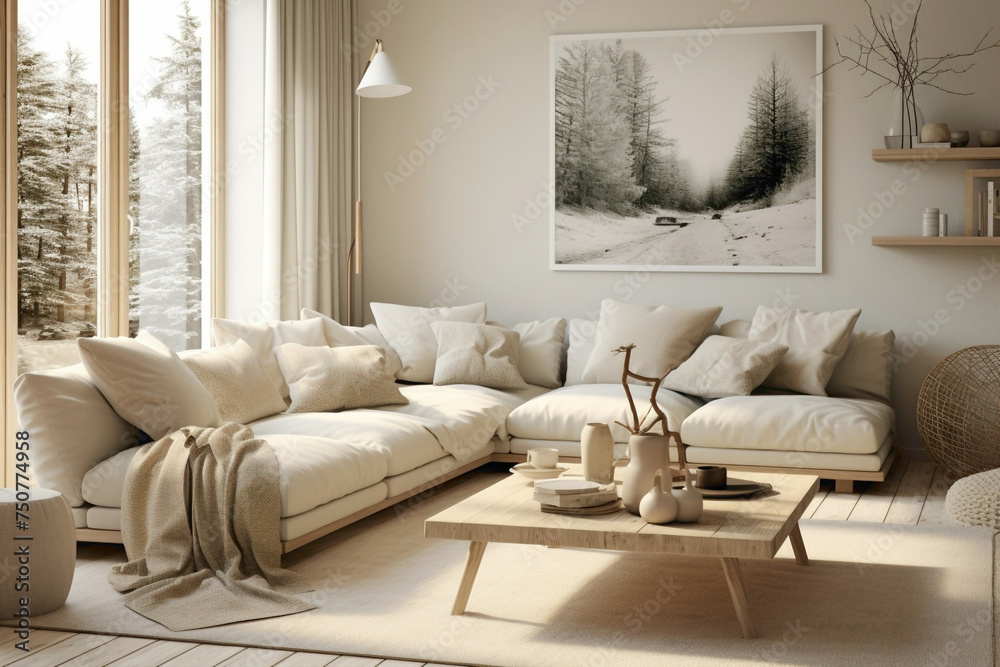 Fototapeta premium A welcoming Scandinavian-inspired living room in calming beige shades, designed for relaxation and harmony with nature-inspired decor and textures.