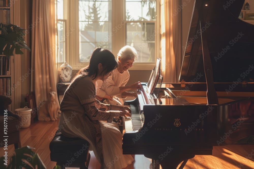 Intergenerational joy with music: Young adult teaching elderly parent to play piano at home - Family traditions and learning - AI generated - obrazy, fototapety, plakaty 