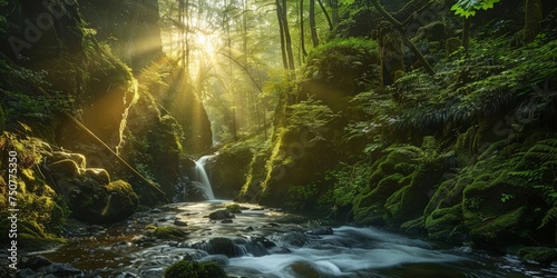 A stream winds its way through a dense  vibrant green forest filled with lush foliage and towering trees.