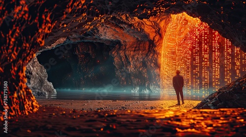 Conceptual illustration of photorealism, a man in a digital cave with a superimposed golden computer grid, firelight, background for a commercial presentation 1