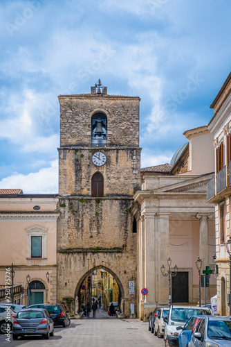 The bell tower of the Cathedral of St. Peter Apostle with Arch ofi St. Peter. Isernia, Molise, Italy, Europe. photo