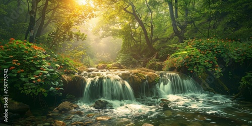 A stream cuts through a dense, vibrant green forest, surrounded by towering trees and lush vegetation, creating a serene and harmonious natural scene. © pham