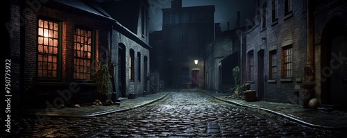 Dark and scary vintage cobblestone brick city alley at night in Chicago photo