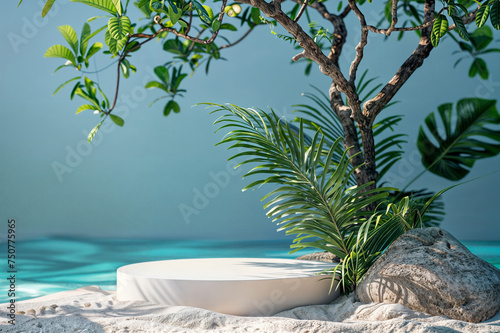 A white podium on a sandy beach with a tree and ocean in background.