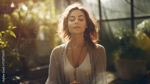  Portrait of a beautiful woman doing yoga in the garden 