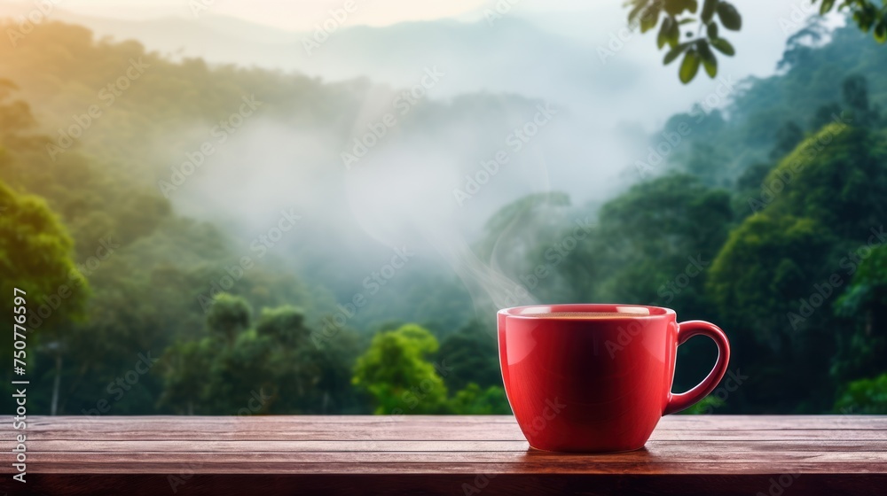 Red coffee cup placed on a wooden table with tropical forest, fog blowing.