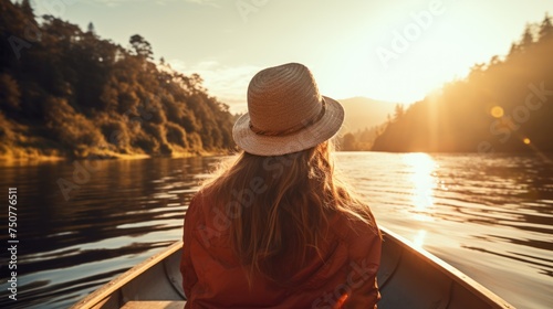 Rear view of woman  in boat on river with the morning sun shining, 