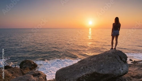 girl on rock watchin sunset at see photo
