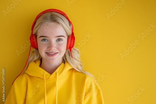 Portrait of a happy teenage girl, blonde with freckles, wearing a yellow hoodie, red headphones, yellow background with space for text