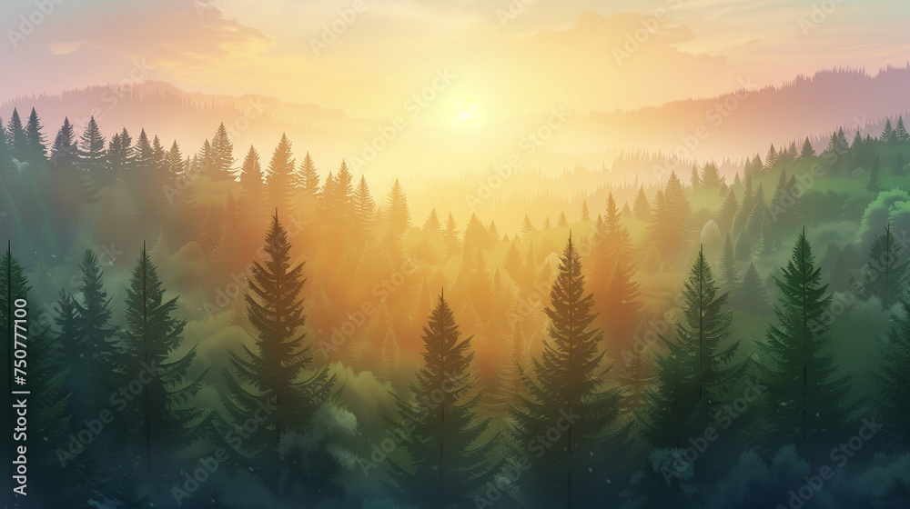 Pine forest background with morning vibes