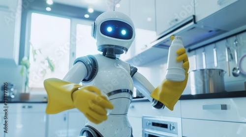 A futuristic white robot, representing artificial intelligence, assists in cleaning the kitchen, showcasing the future of household helpers photo