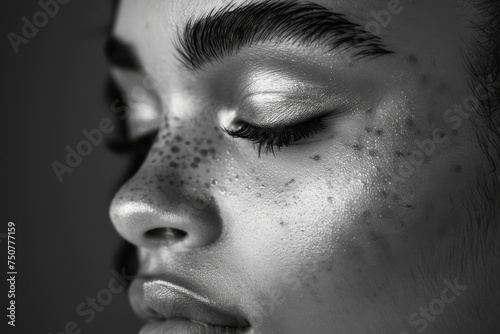 Close-up Portrait of a Woman with Freckles in Monochrome